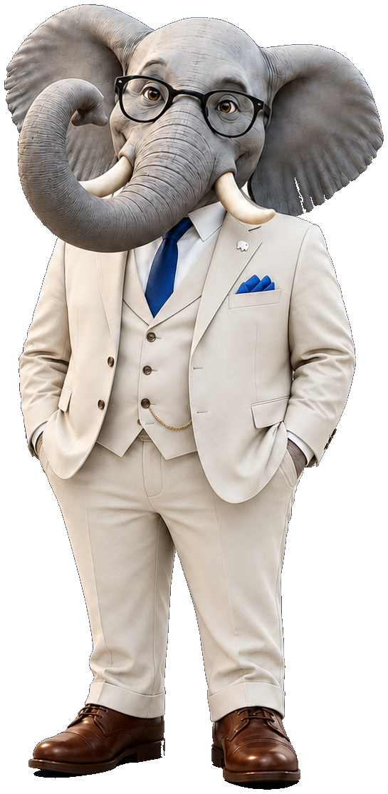Toot, the bookkeeping elephant in a navy three-piece suit
